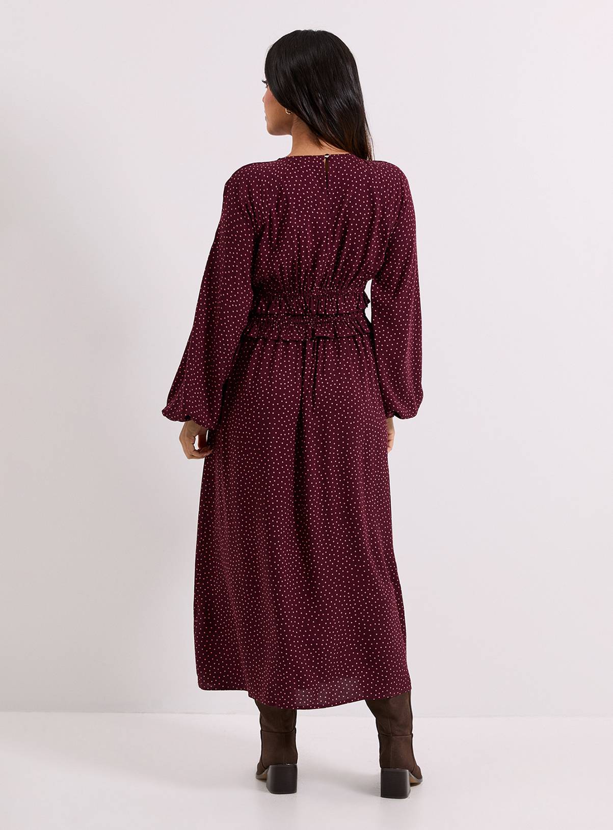 DOROTHY PERKINS Petite Berry Spot Frill Wait Detail Blouson Sleeve Midi Dress 14 - Image 3